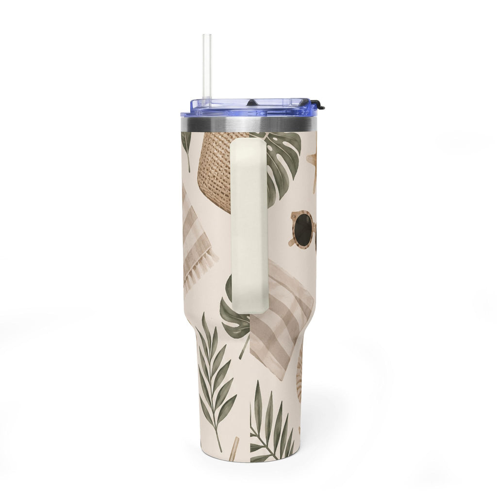 Beach Vibes 40oz Vacuum Tumbler — Coastal Sun, Shells & Mason Jar Design