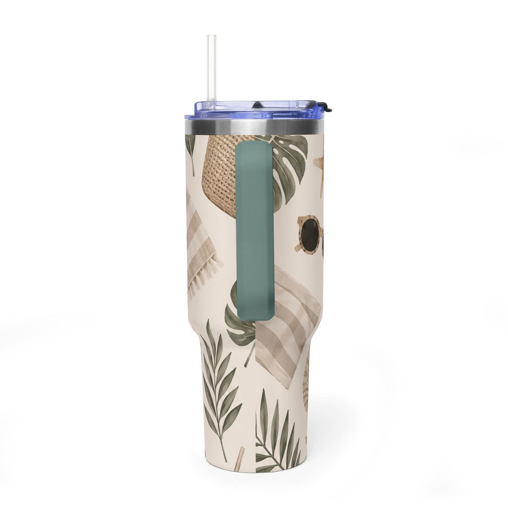 Beach Vibes 40oz Vacuum Tumbler — Coastal Sun, Shells & Mason Jar Design