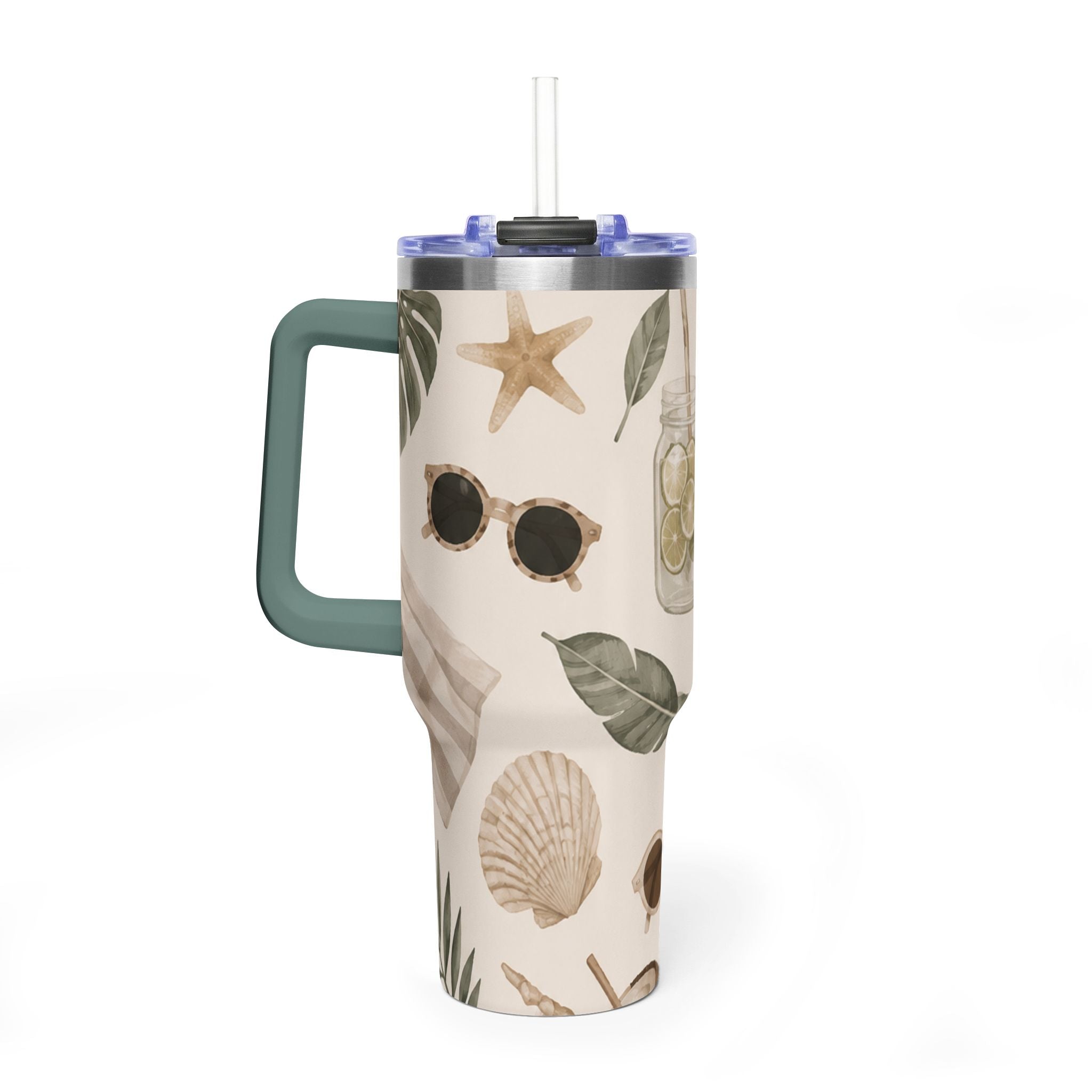 Beach Vibes 40oz Vacuum Tumbler — Coastal Sun, Shells & Mason Jar Design