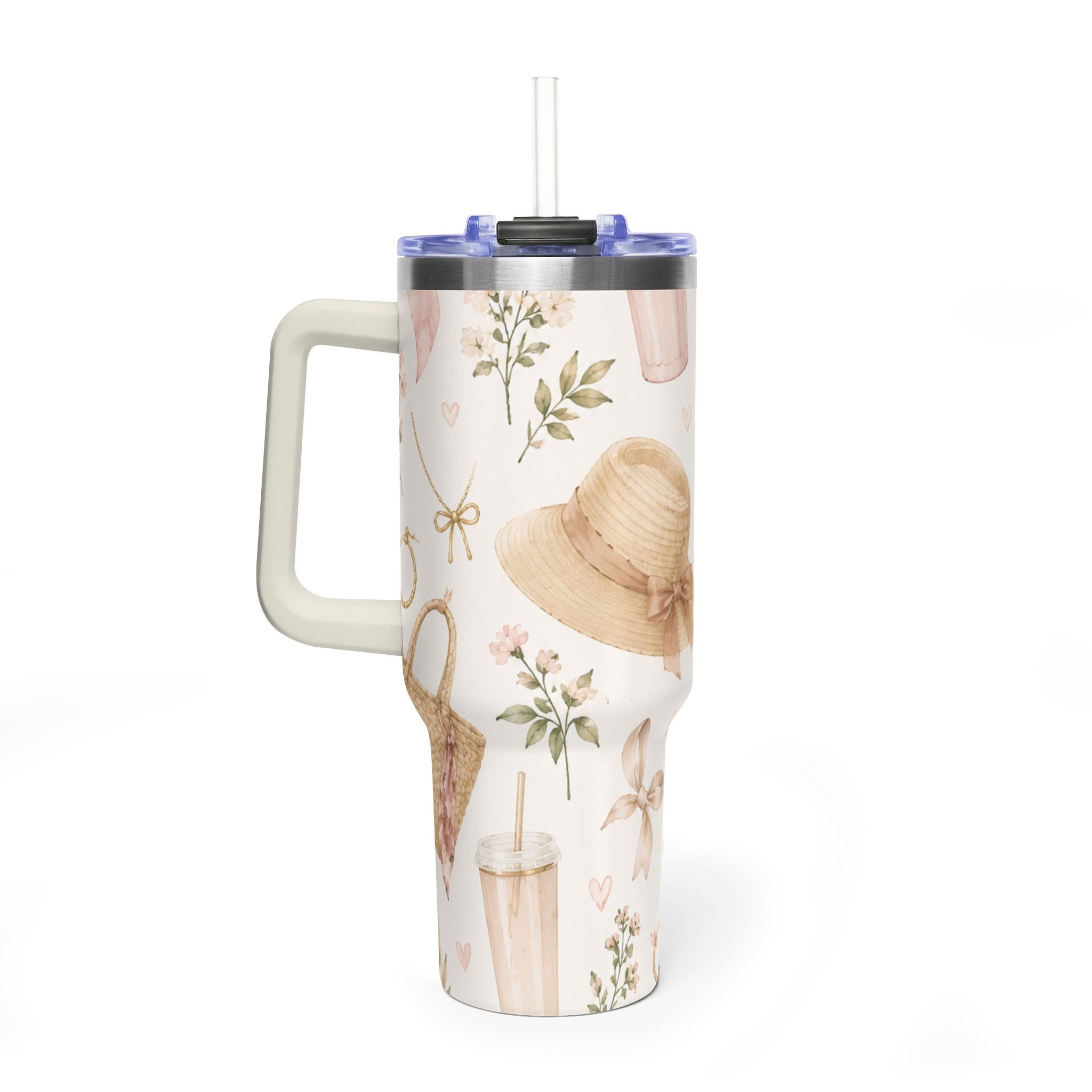40oz Floral Sunhat Vacuum Tumbler – Insulated Travel Cup with Straw