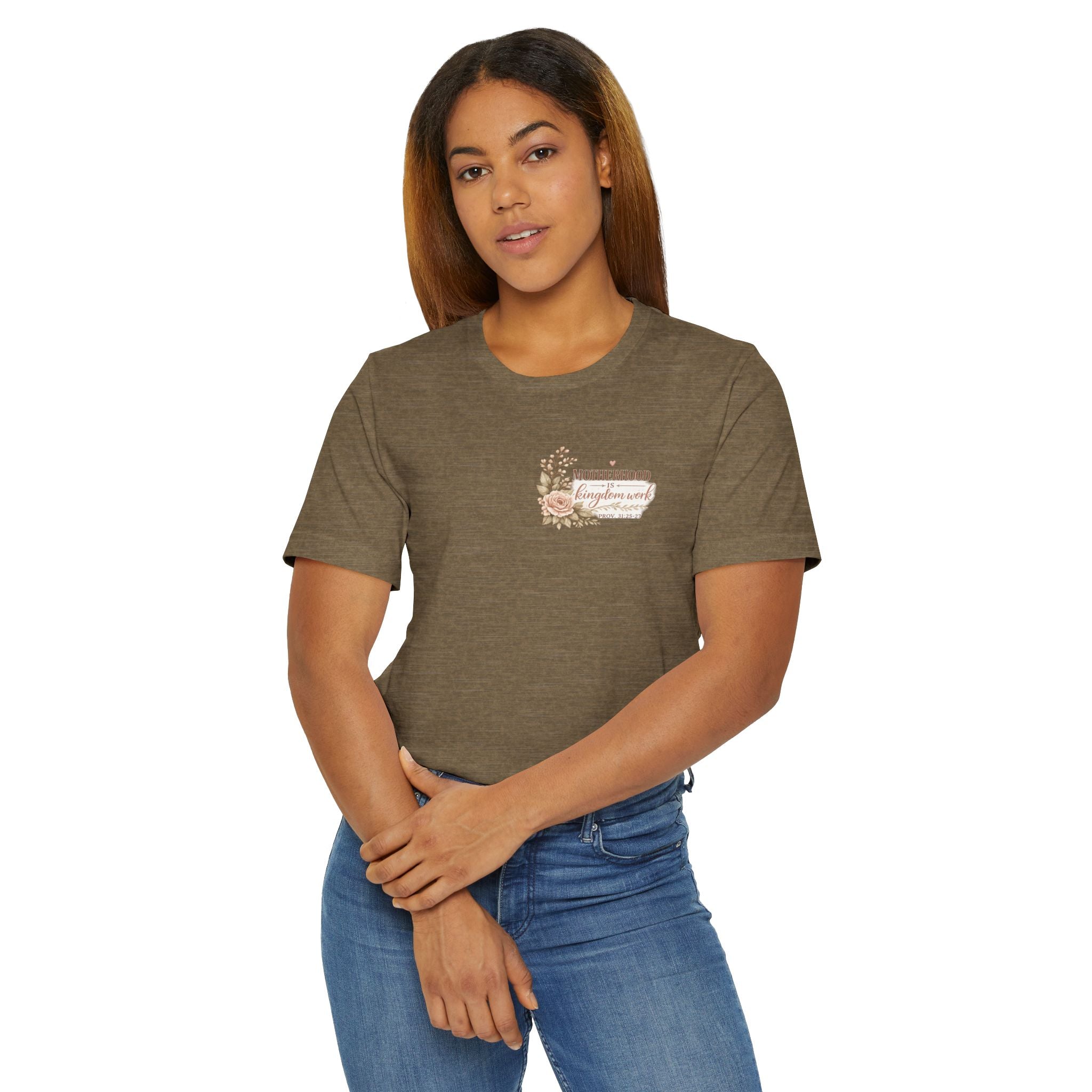 Motherhood Is Kingdom Work T-Shirt — Floral Scripture Mom Tee