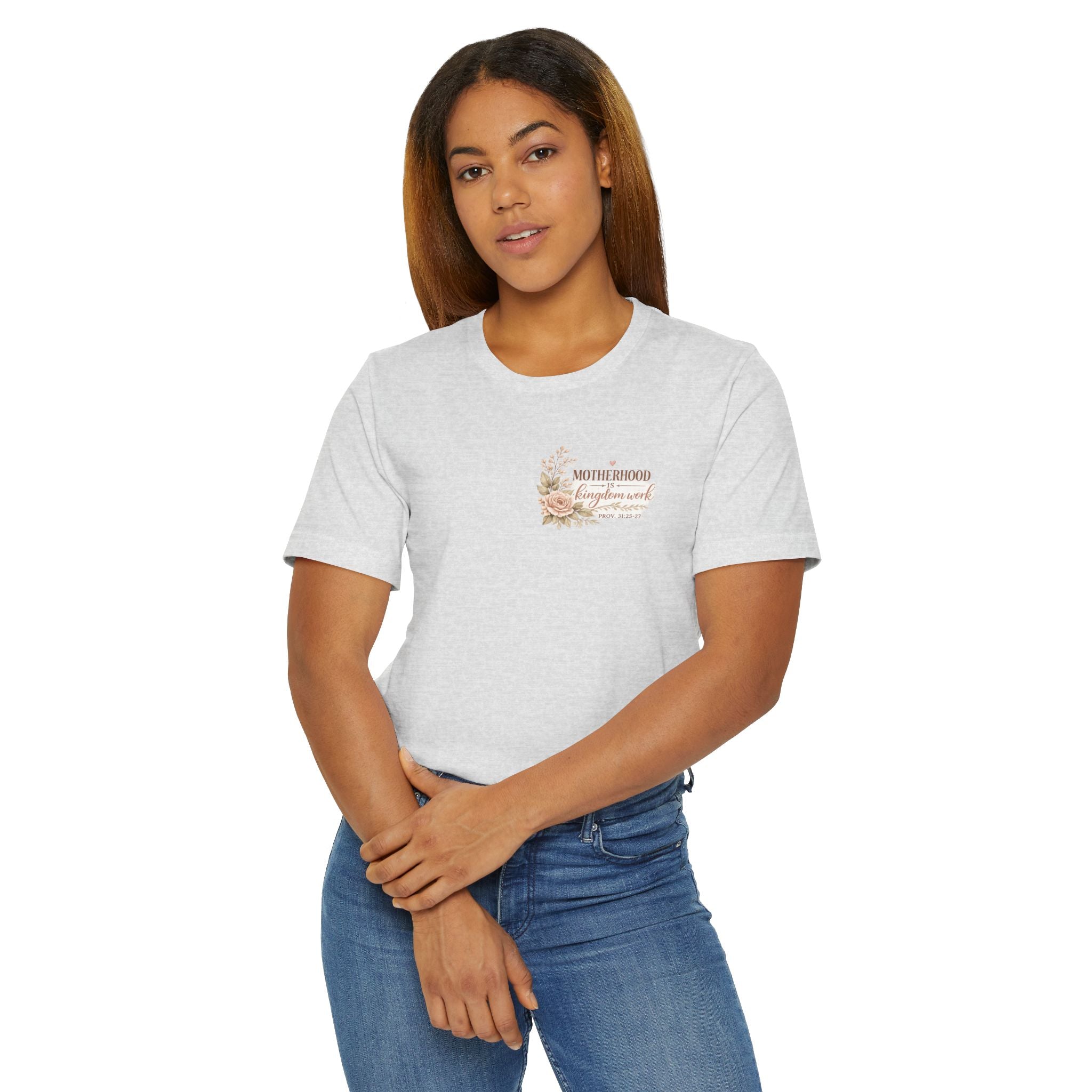 Motherhood Is Kingdom Work T-Shirt — Floral Scripture Mom Tee