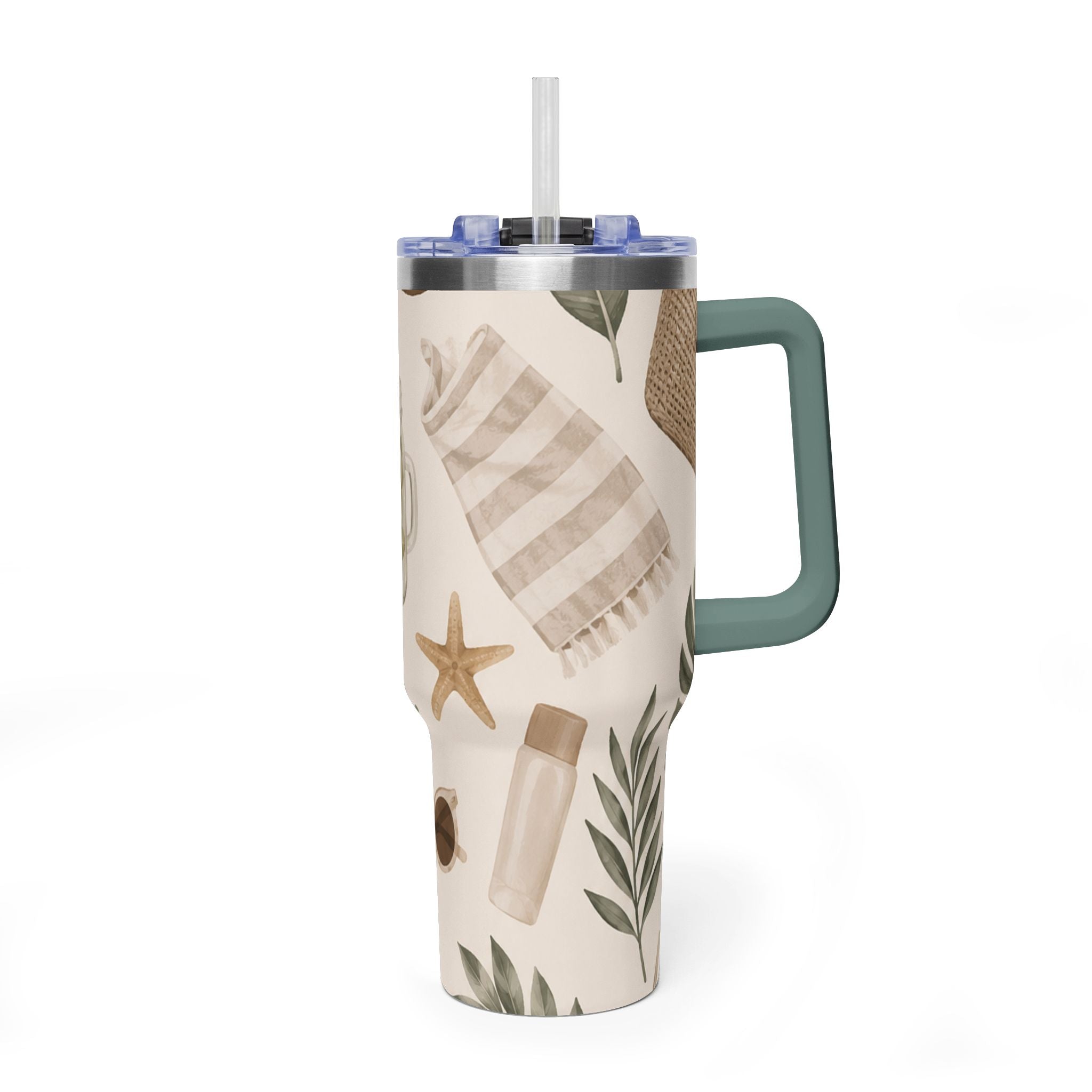 Beach Vibes 40oz Vacuum Tumbler — Coastal Sun, Shells & Mason Jar Design