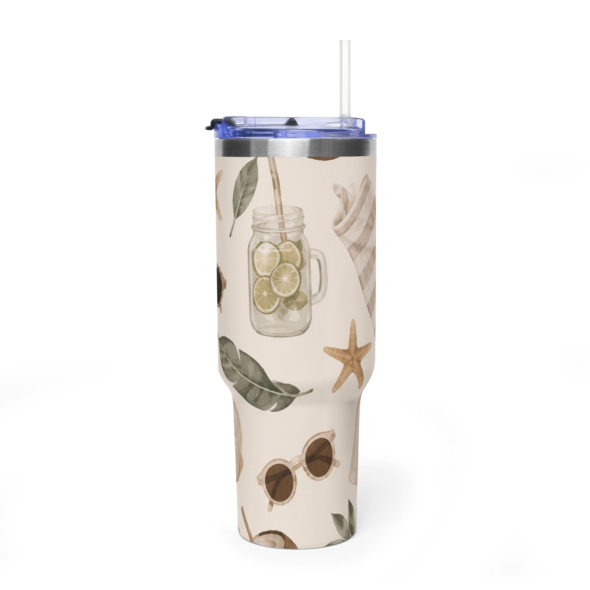 Beach Vibes 40oz Vacuum Tumbler — Coastal Sun, Shells & Mason Jar Design