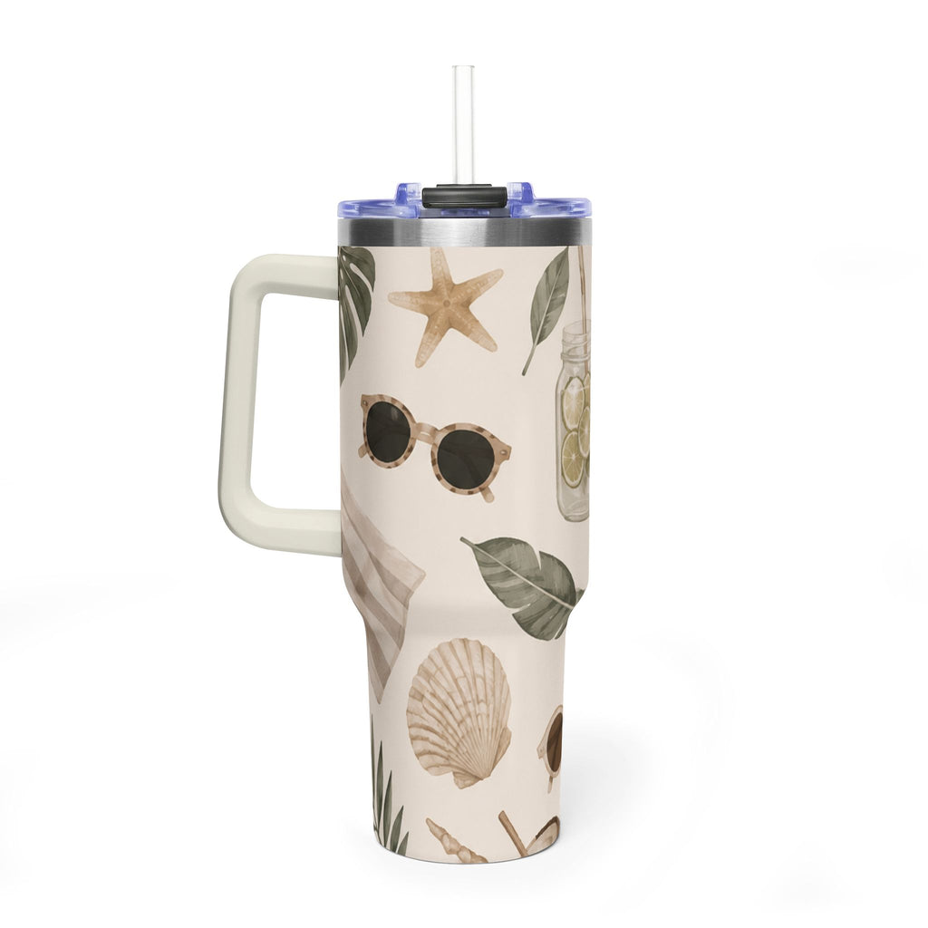 Beach Vibes 40oz Vacuum Tumbler — Coastal Sun, Shells & Mason Jar Design