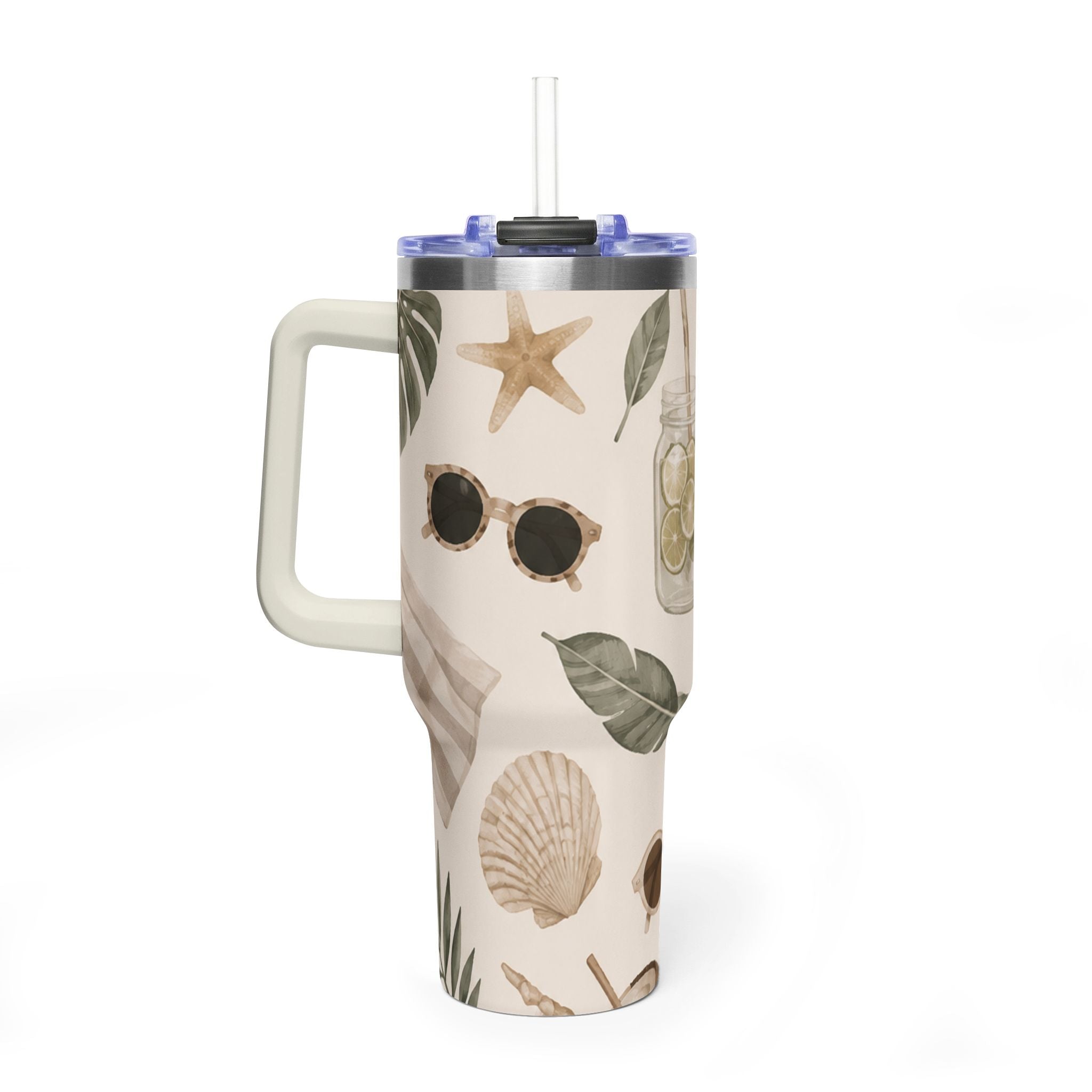 Beach Vibes 40oz Vacuum Tumbler — Coastal Sun, Shells & Mason Jar Design