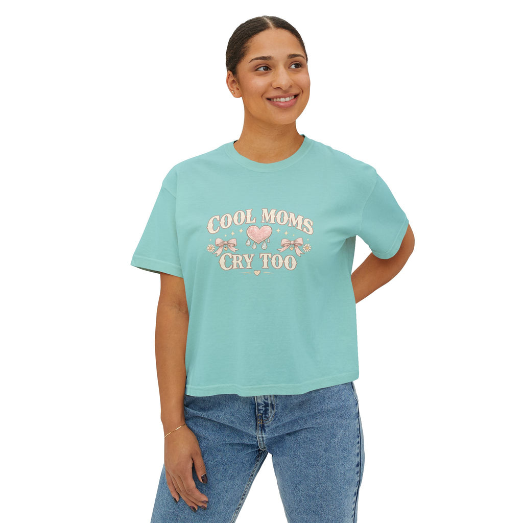 Boxy Tee — "Cool Moms Cry Too" Retro Butterfly Graphic