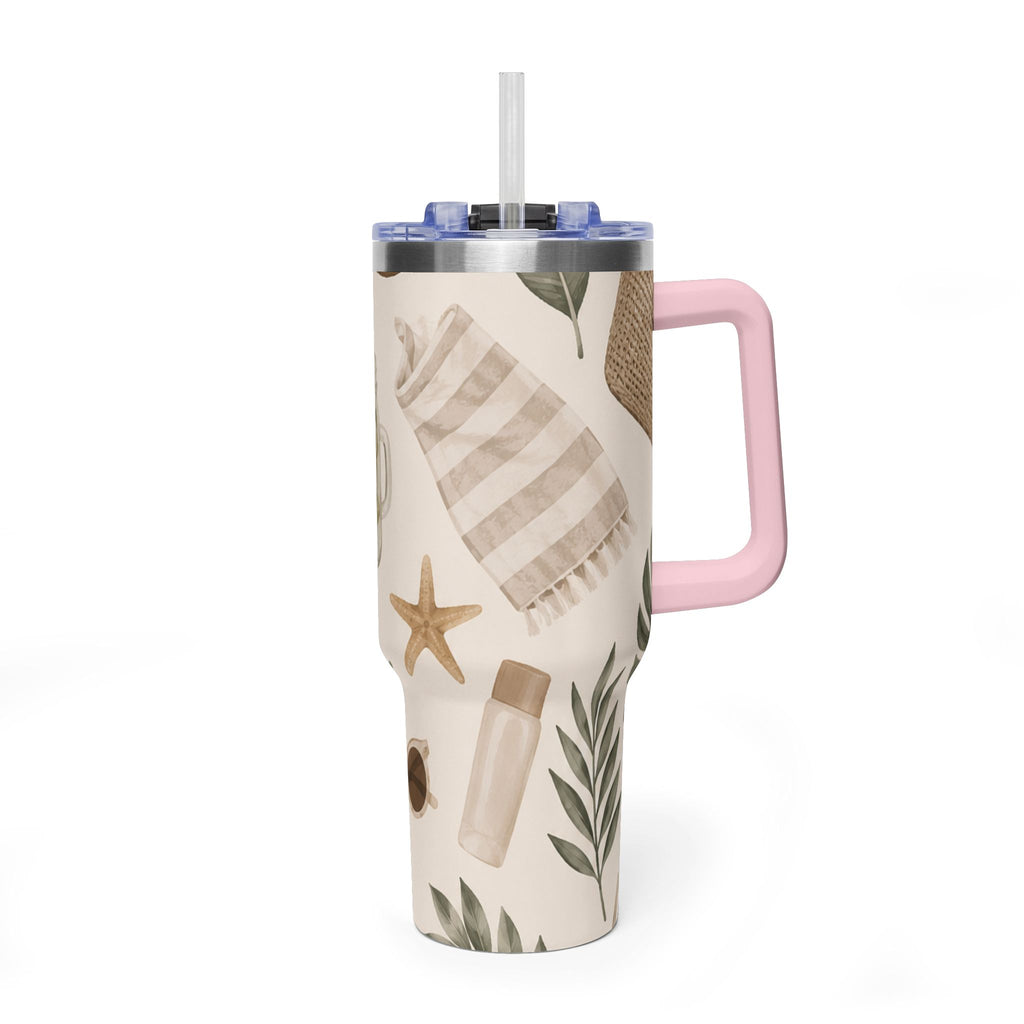 Beach Vibes 40oz Vacuum Tumbler — Coastal Sun, Shells & Mason Jar Design