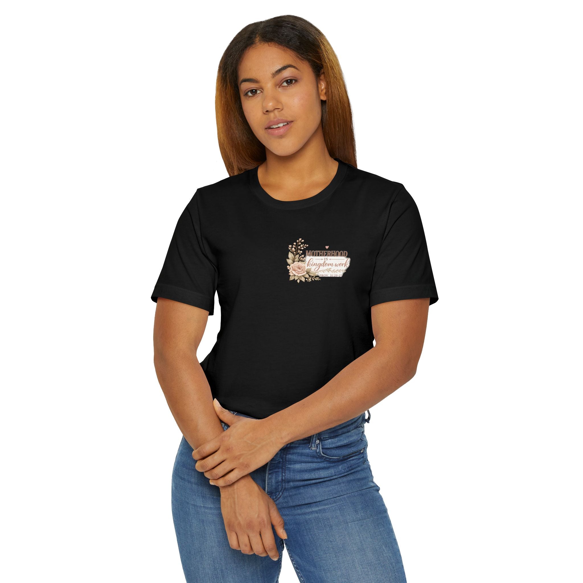 Motherhood Is Kingdom Work T-Shirt — Floral Scripture Mom Tee