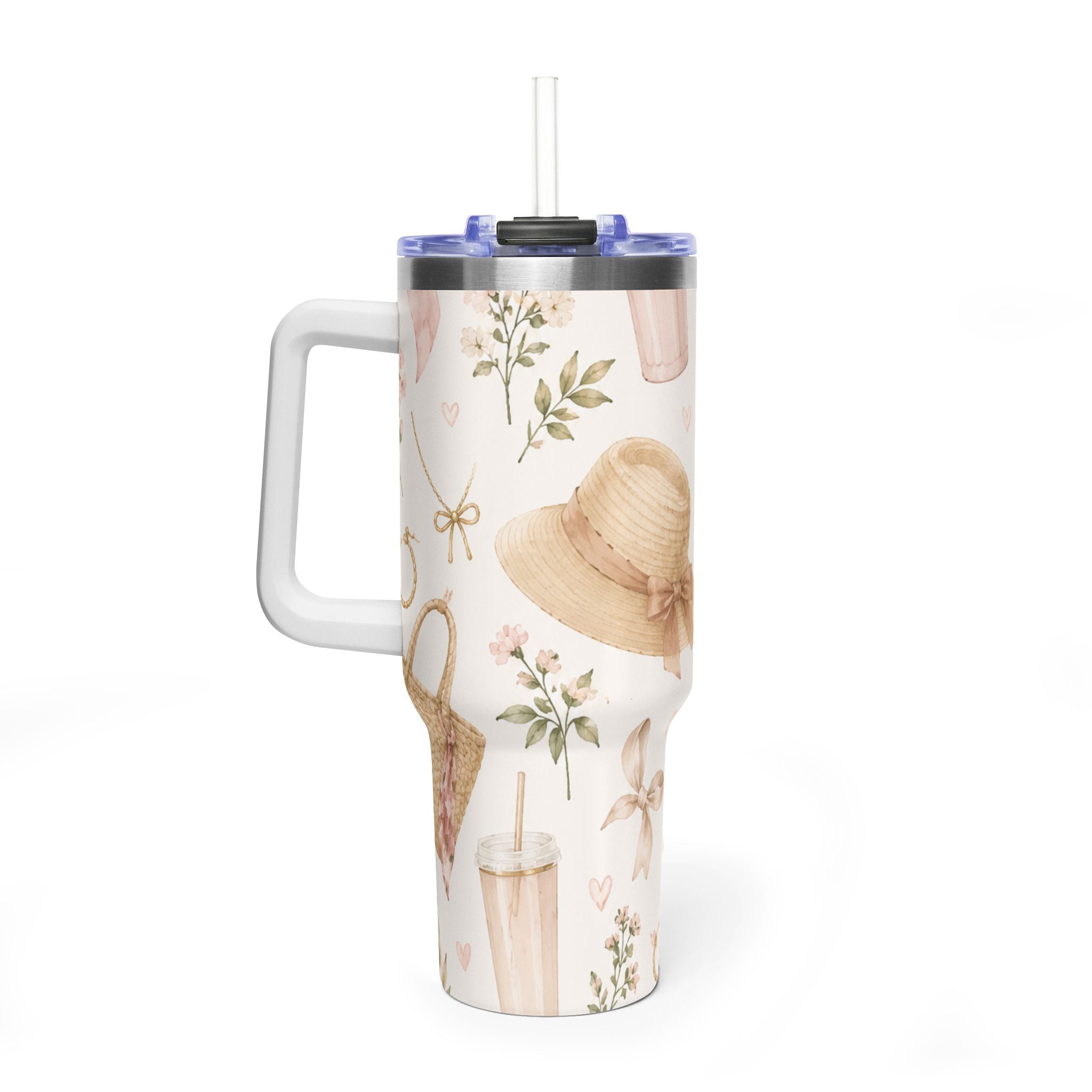 40oz Floral Sunhat Vacuum Tumbler – Insulated Travel Cup with Straw