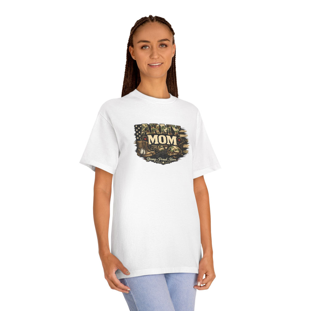 Army Mom T-Shirt — Camo Flag Design with "Army Mom" Text (Military Proud Gift)