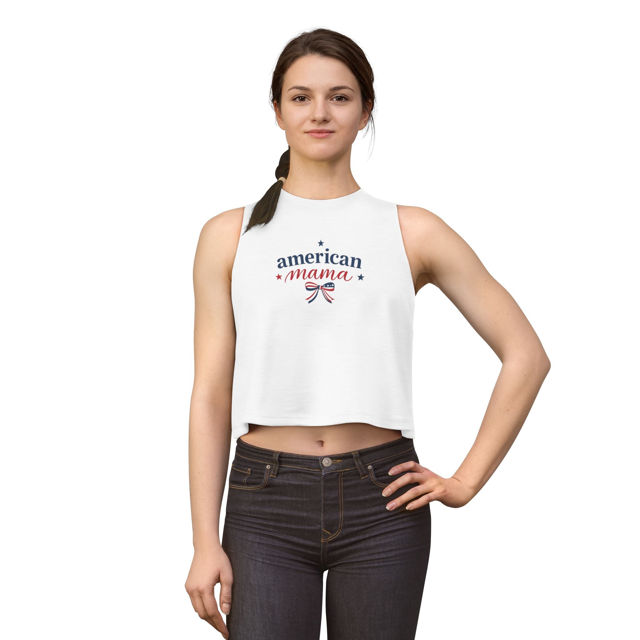 American Mama Crop Tee – Patriotic 4th of July Tank with Americana Ribbon