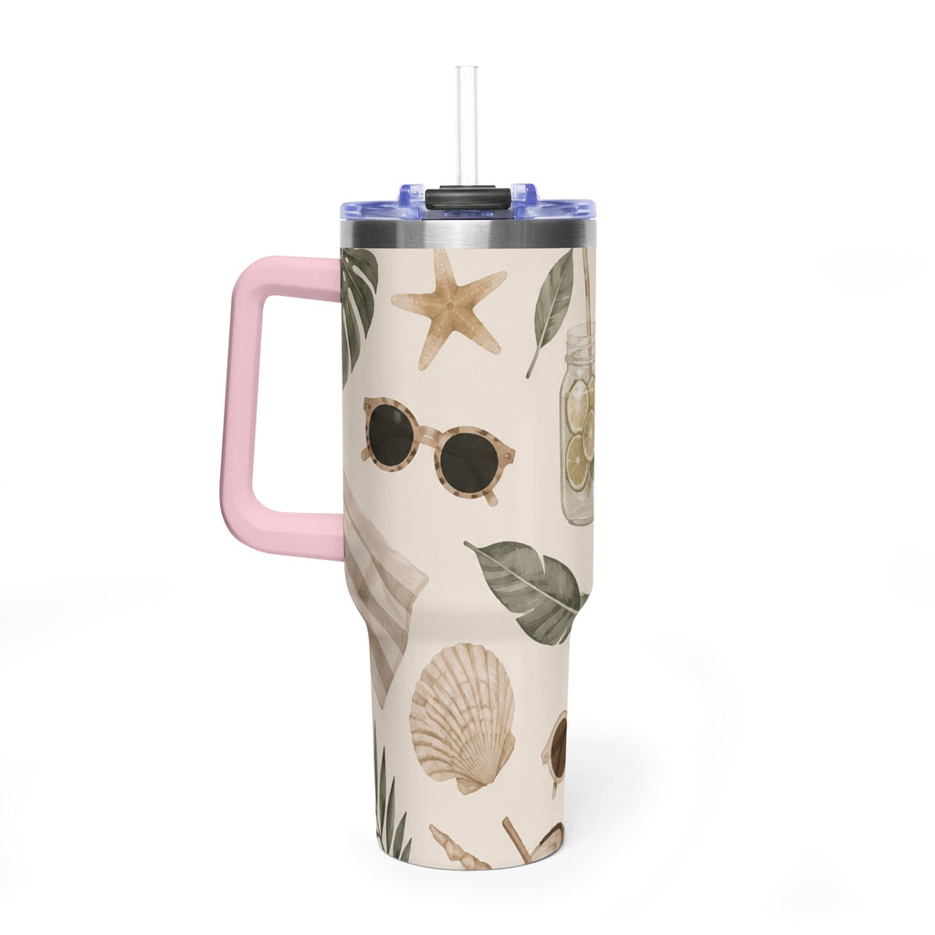 Beach Vibes 40oz Vacuum Tumbler — Coastal Sun, Shells & Mason Jar Design