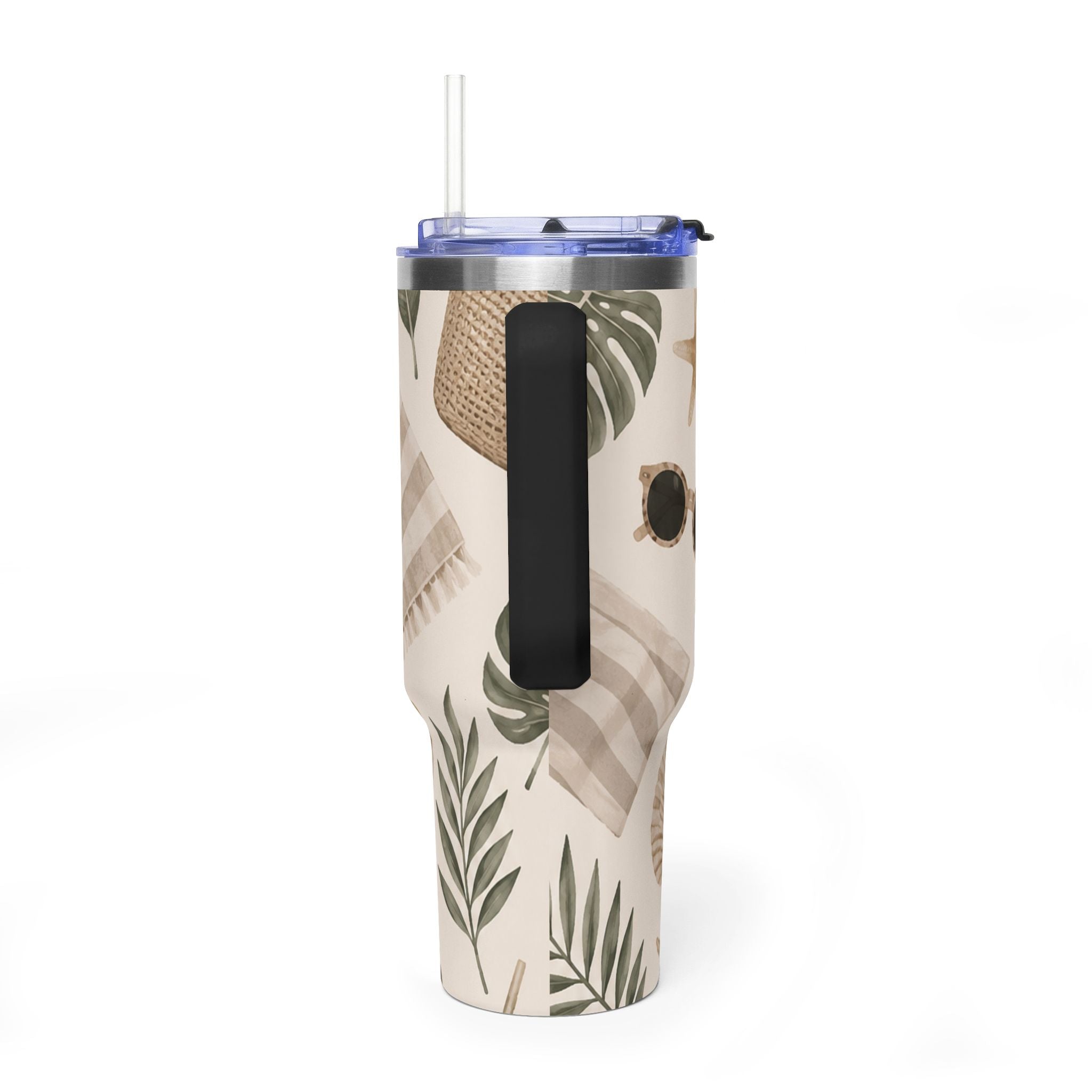 Beach Vibes 40oz Vacuum Tumbler — Coastal Sun, Shells & Mason Jar Design