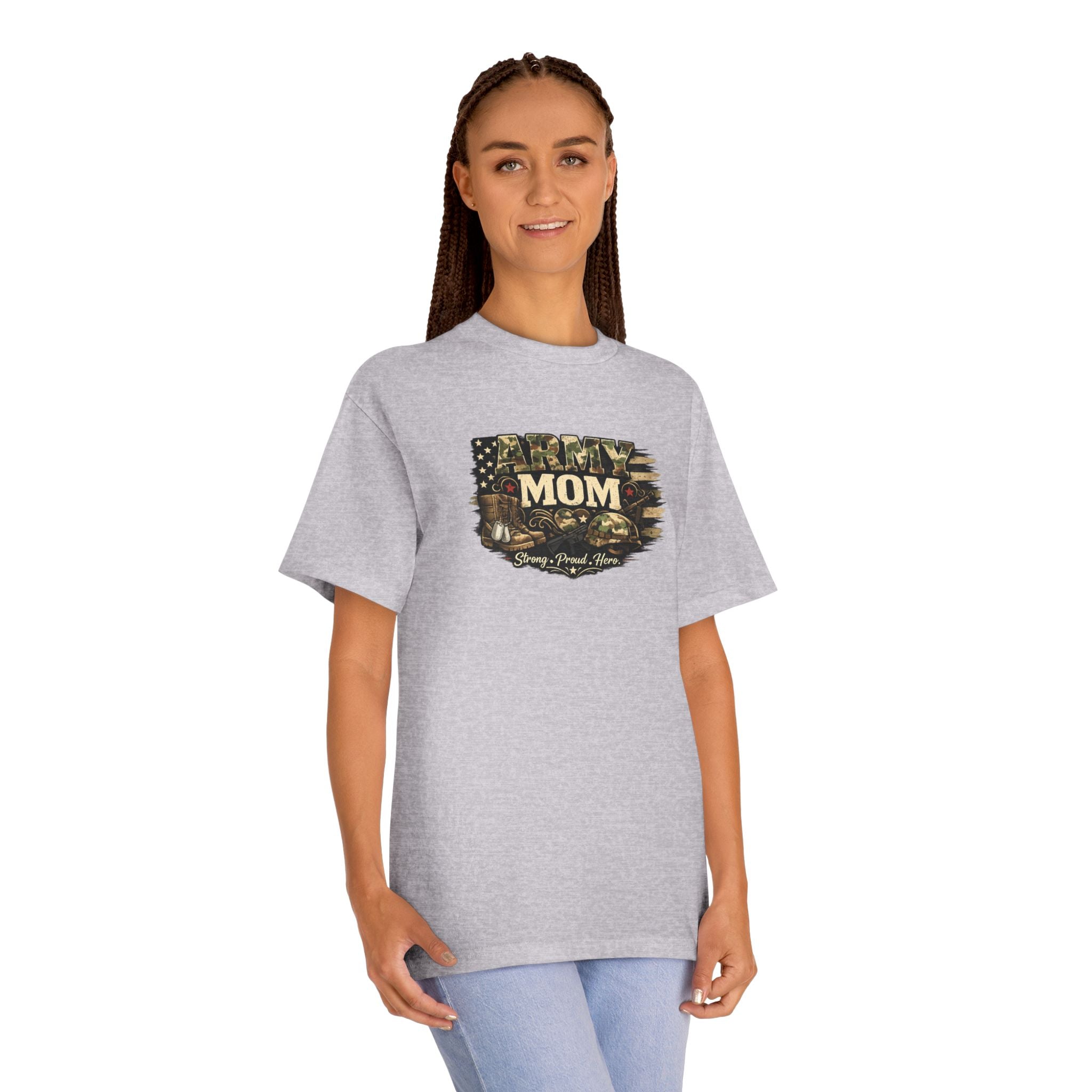 Army Mom T-Shirt — Camo Flag Design with "Army Mom" Text (Military Proud Gift)