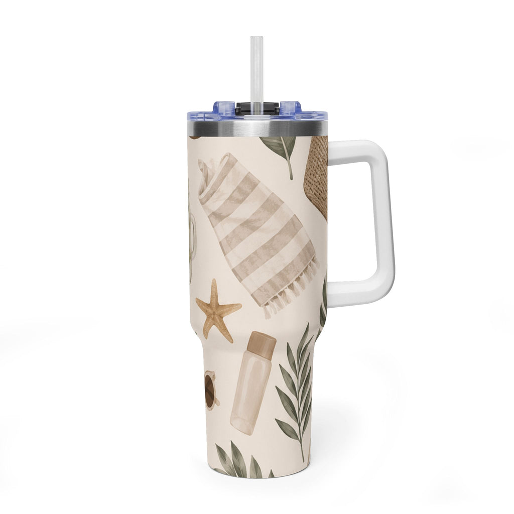 Beach Vibes 40oz Vacuum Tumbler — Coastal Sun, Shells & Mason Jar Design