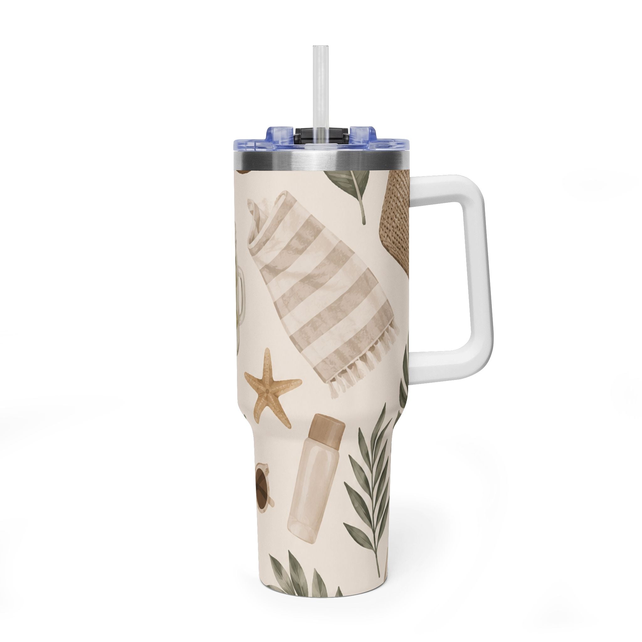 Beach Vibes 40oz Vacuum Tumbler — Coastal Sun, Shells & Mason Jar Design