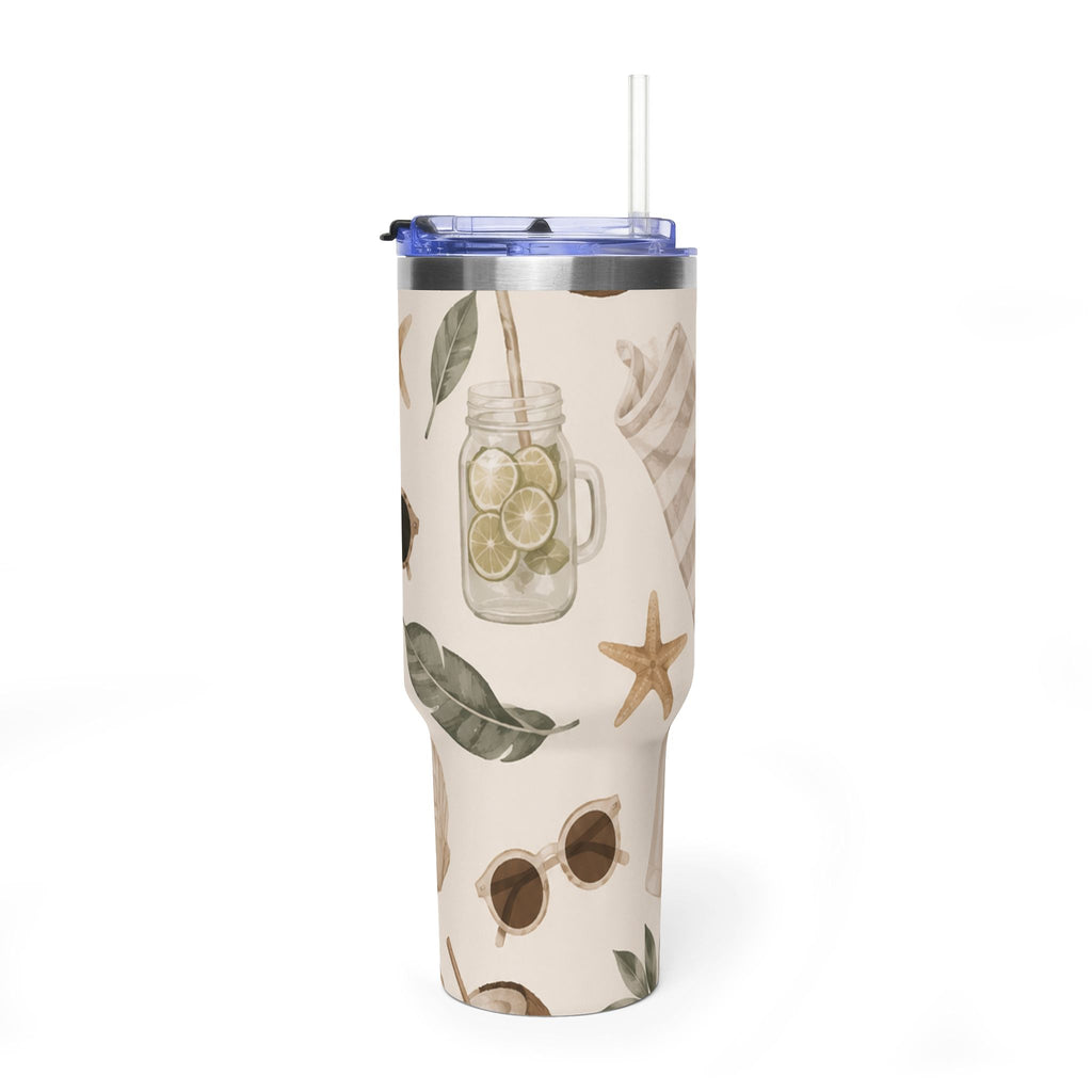 Beach Vibes 40oz Vacuum Tumbler — Coastal Sun, Shells & Mason Jar Design