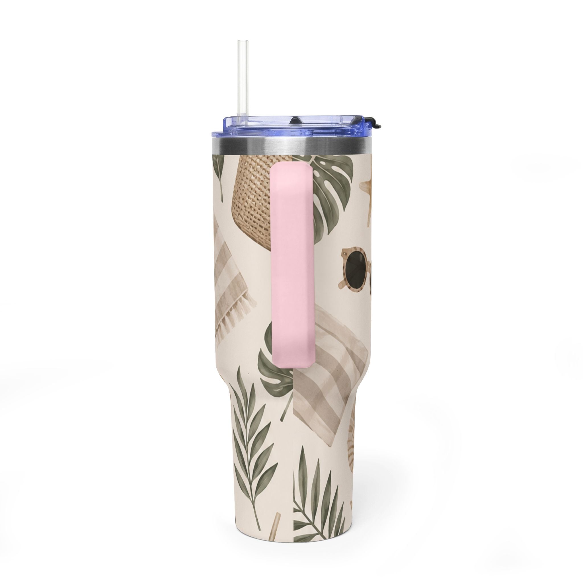 Beach Vibes 40oz Vacuum Tumbler — Coastal Sun, Shells & Mason Jar Design