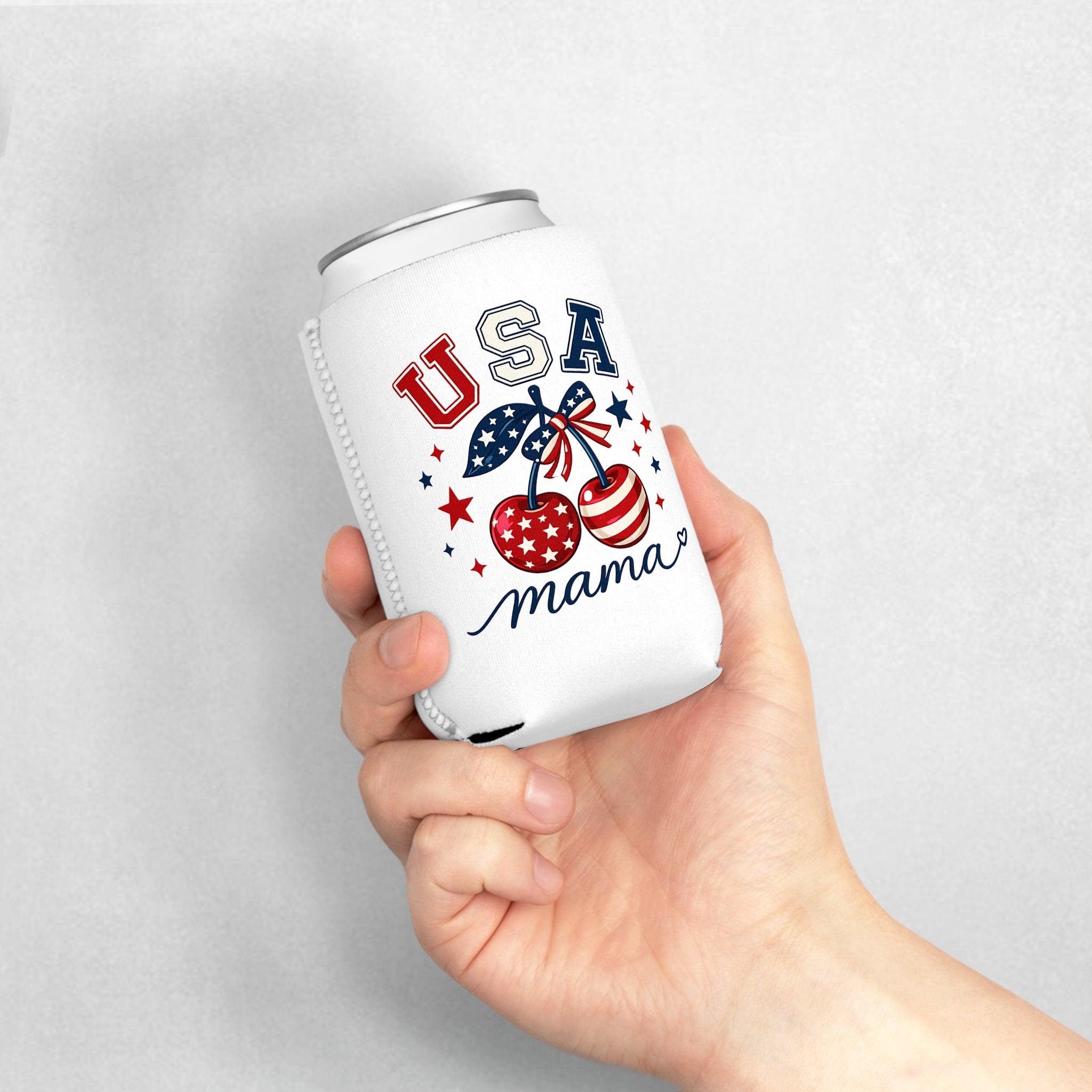 USA Mama Can Cooler Sleeve – Patriotic Red White Blue Cherry Can Koozie for 4th of July