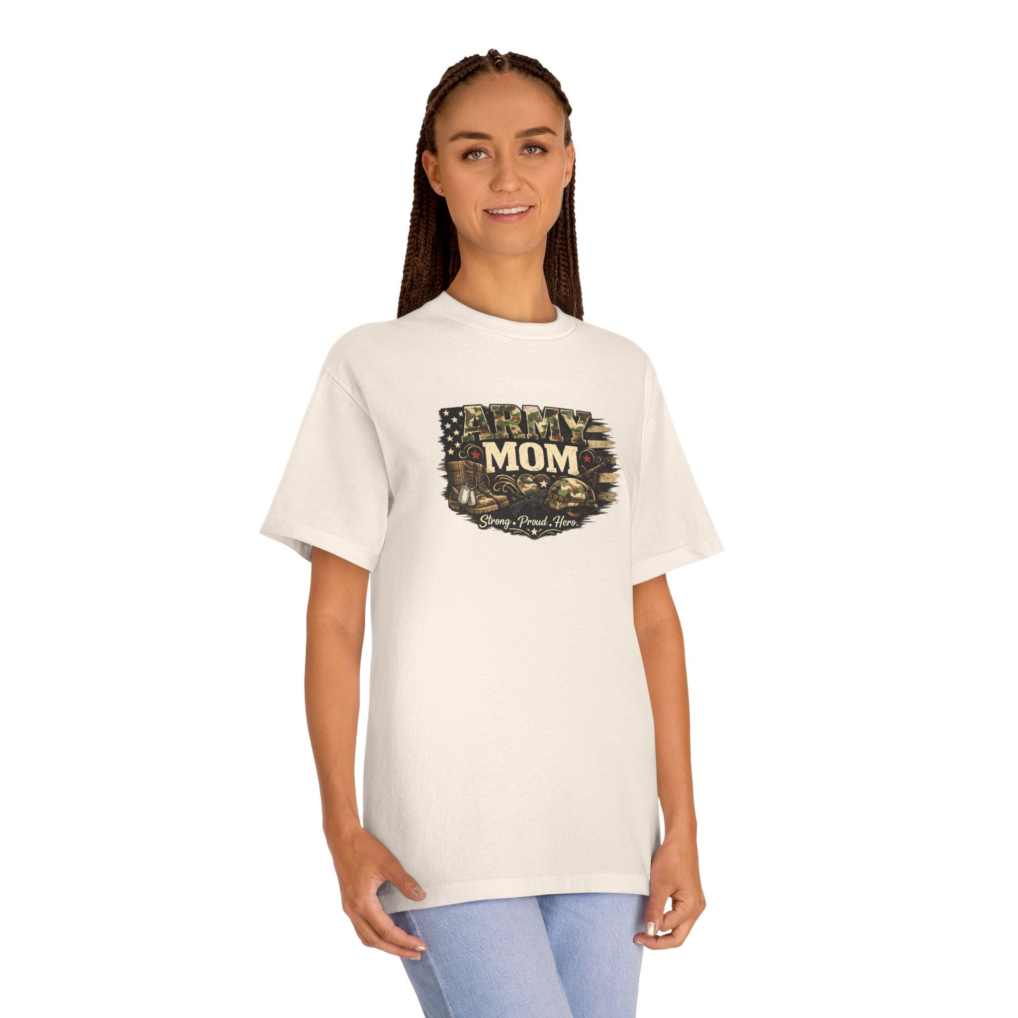 Army Mom T-Shirt — Camo Flag Design with "Army Mom" Text (Military Proud Gift)