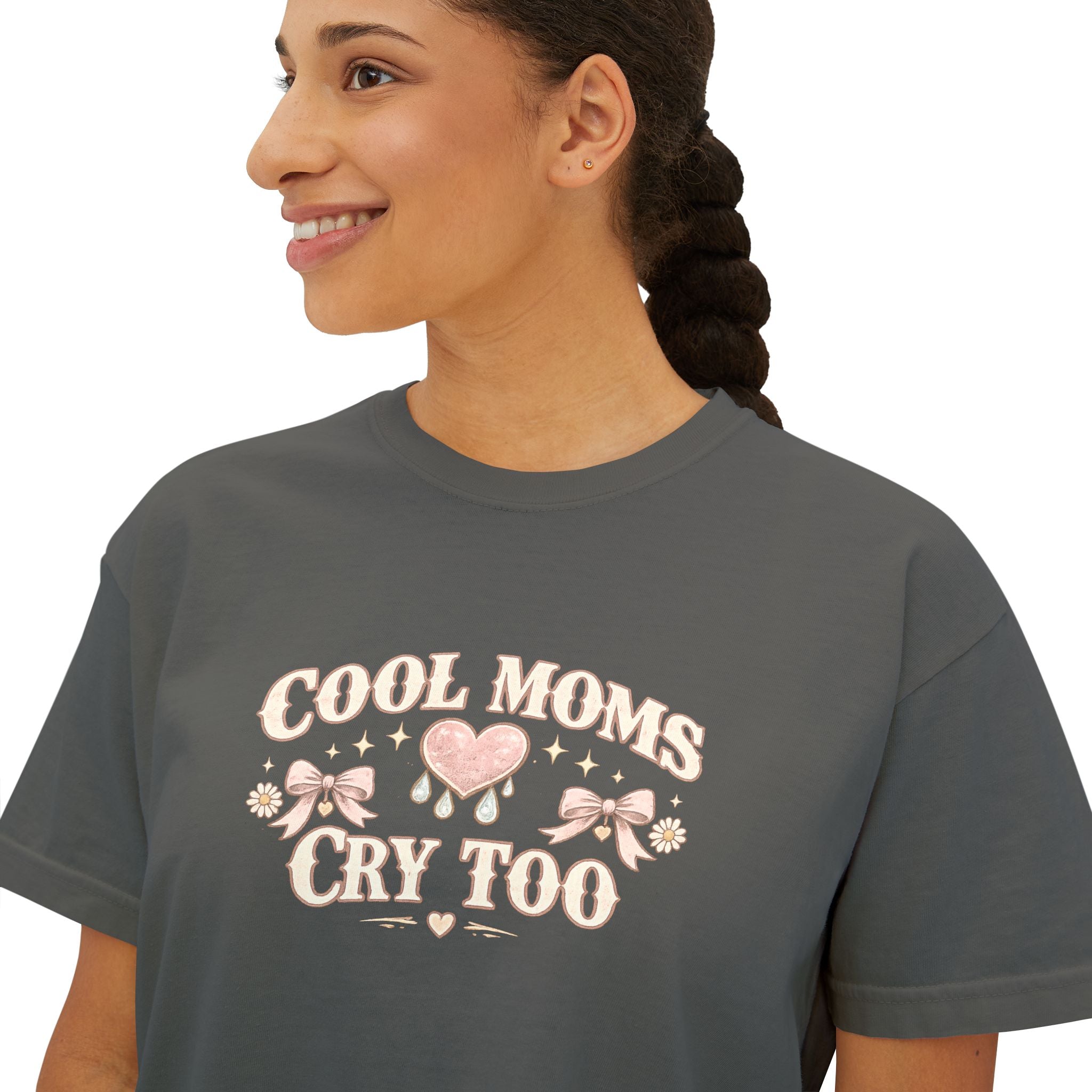 Boxy Tee — "Cool Moms Cry Too" Retro Butterfly Graphic