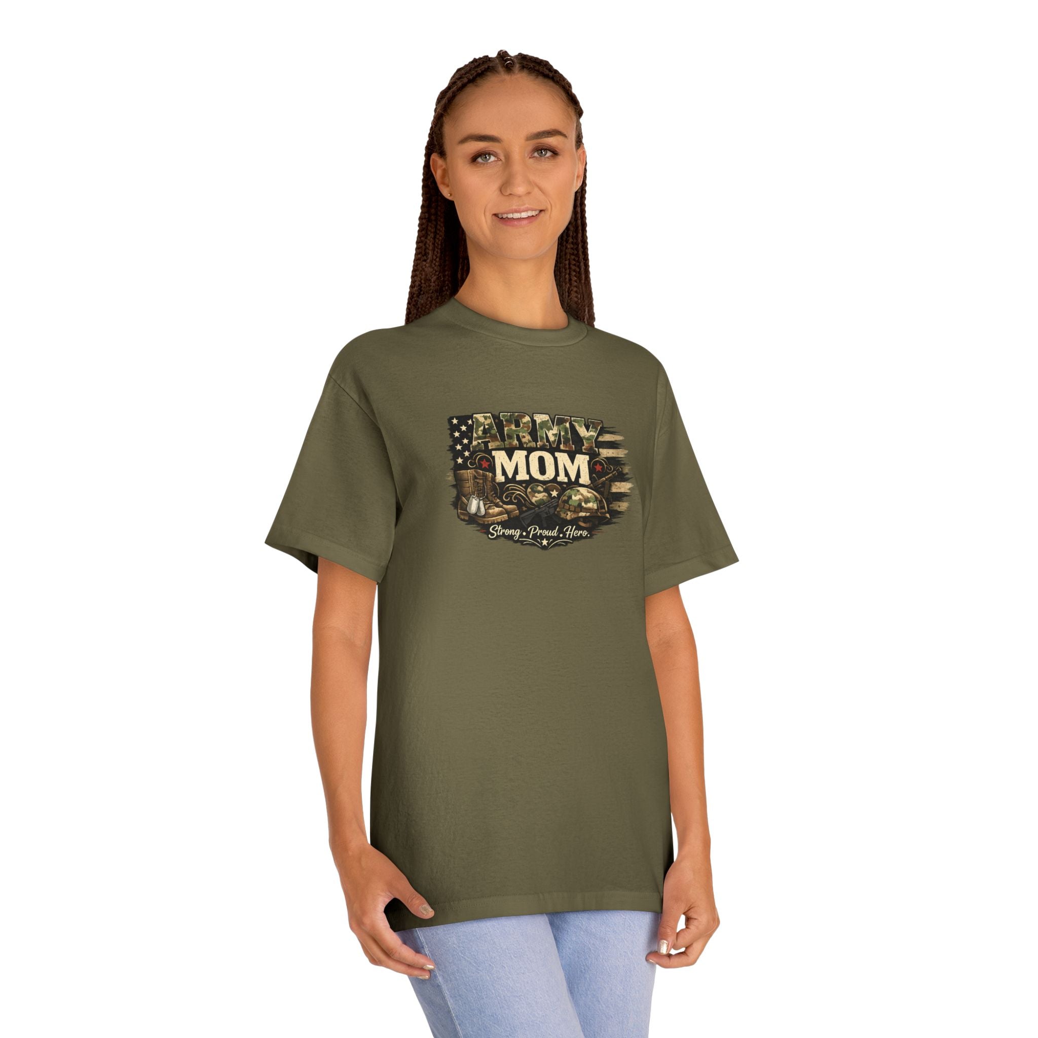 Army Mom T-Shirt — Camo Flag Design with "Army Mom" Text (Military Proud Gift)