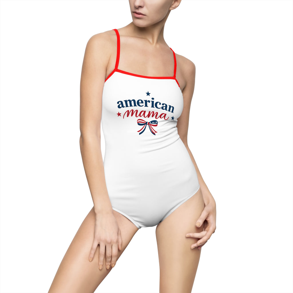 One-piece Swimsuit - "American Mama" Patriotic Red White Blue Bow Design