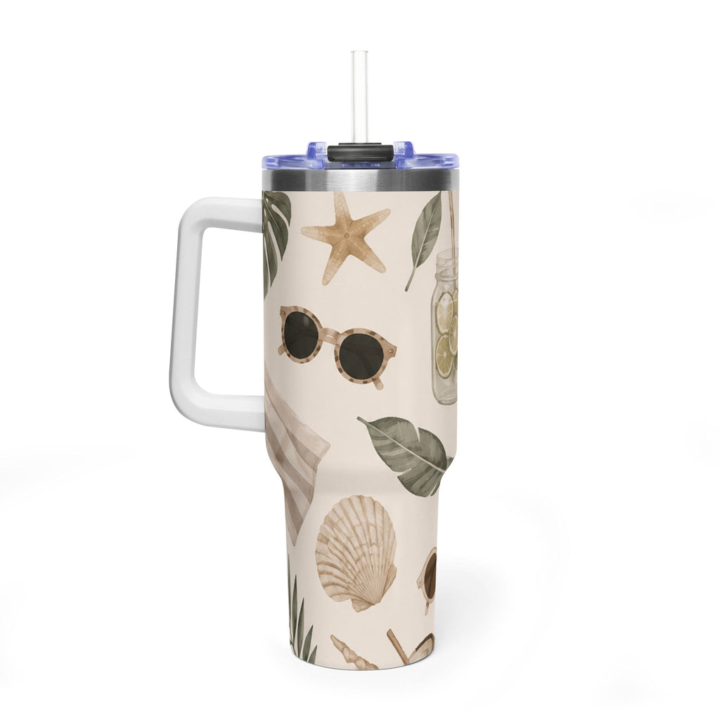 Beach Vibes 40oz Vacuum Tumbler — Coastal Sun, Shells & Mason Jar Design