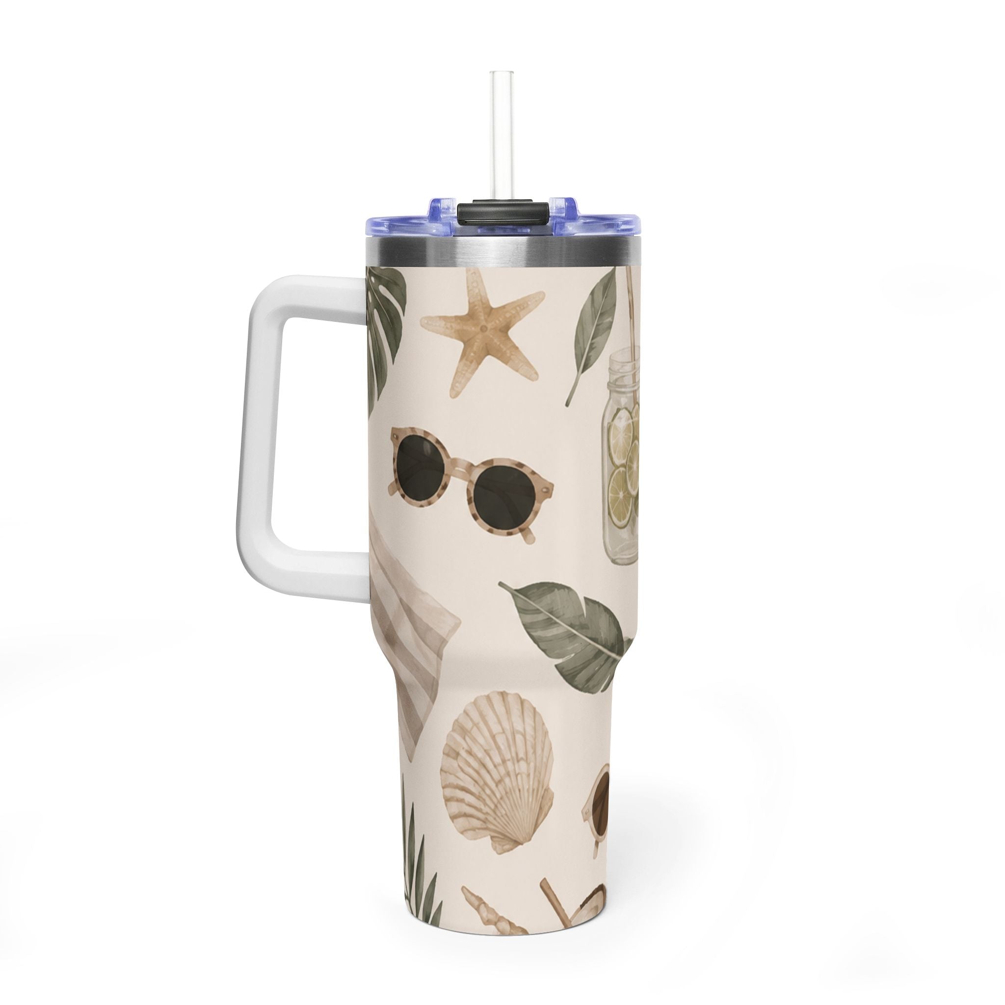 Beach Vibes 40oz Vacuum Tumbler — Coastal Sun, Shells & Mason Jar Design