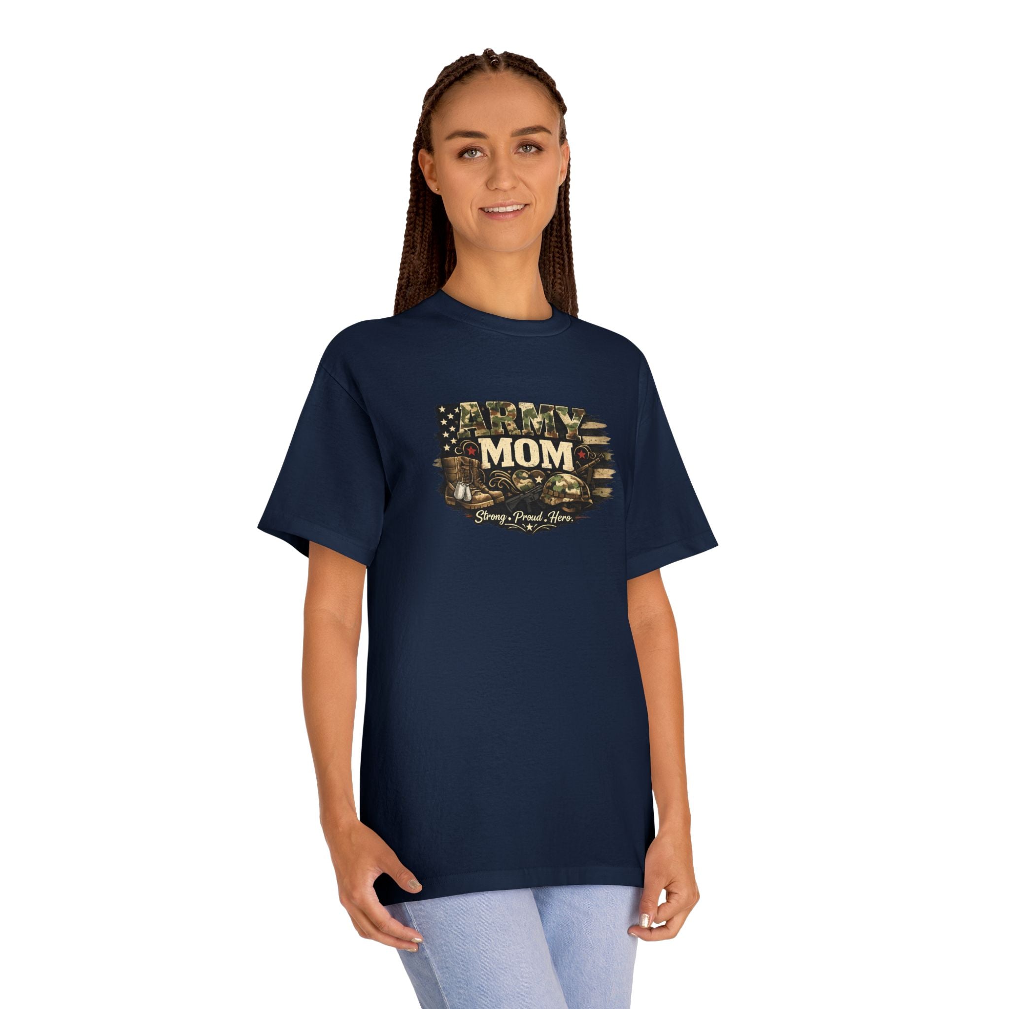 Army Mom T-Shirt — Camo Flag Design with "Army Mom" Text (Military Proud Gift)