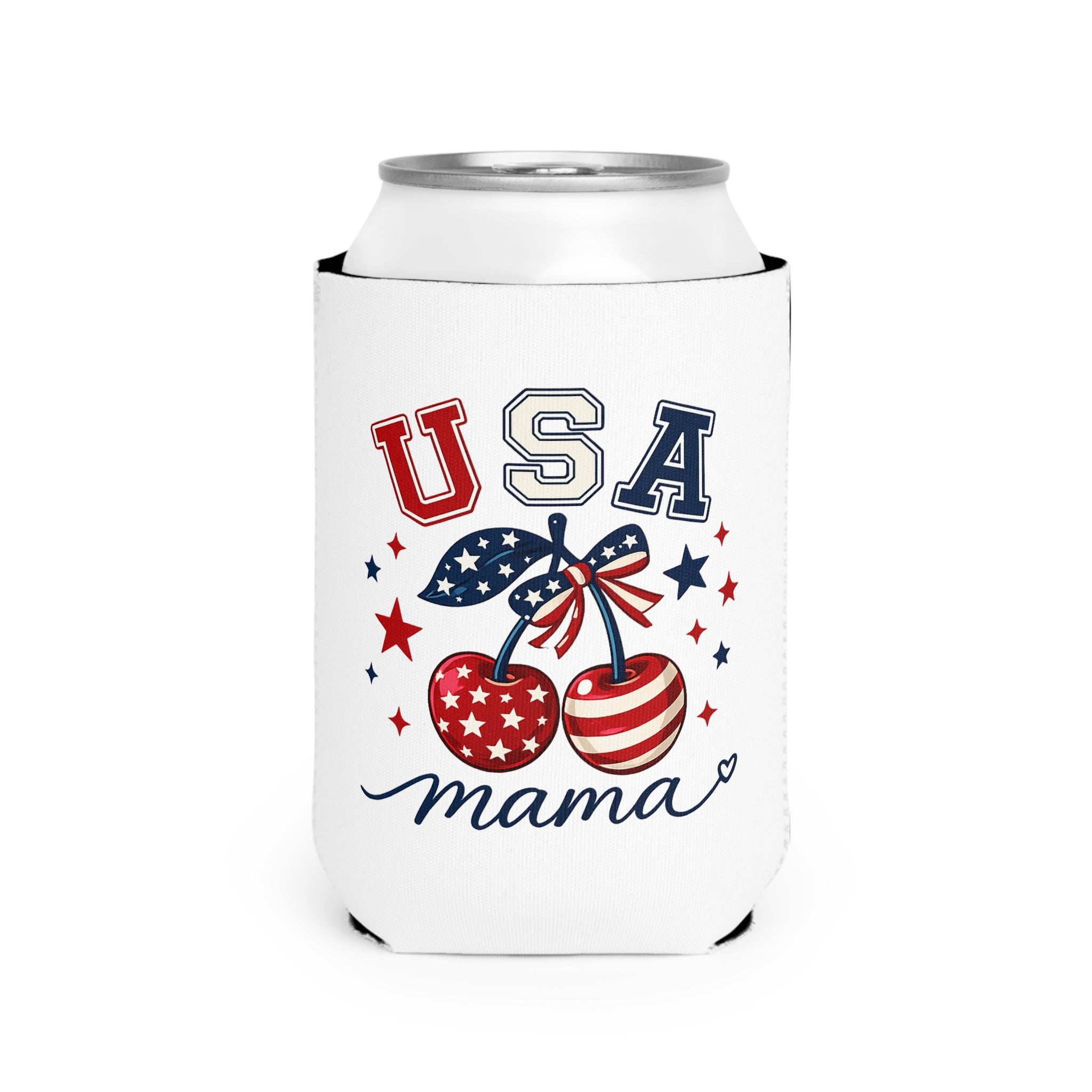USA Mama Can Cooler Sleeve – Patriotic Red White Blue Cherry Can Koozie for 4th of July