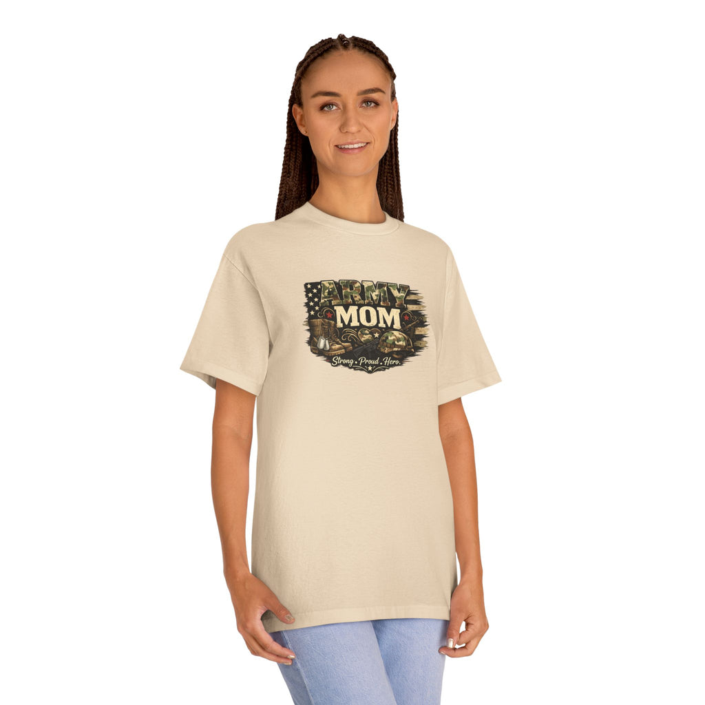 Army Mom T-Shirt — Camo Flag Design with "Army Mom" Text (Military Proud Gift)