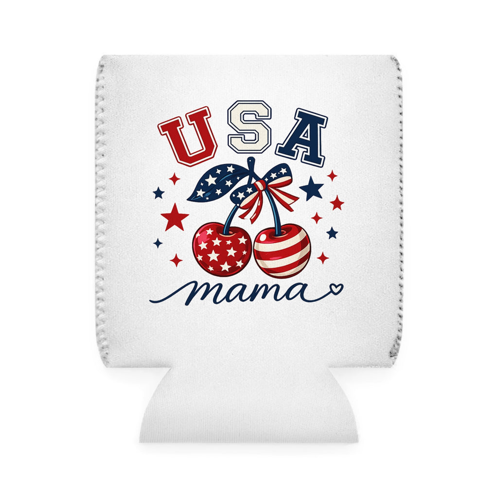 USA Mama Can Cooler Sleeve – Patriotic Red White Blue Cherry Can Koozie for 4th of July