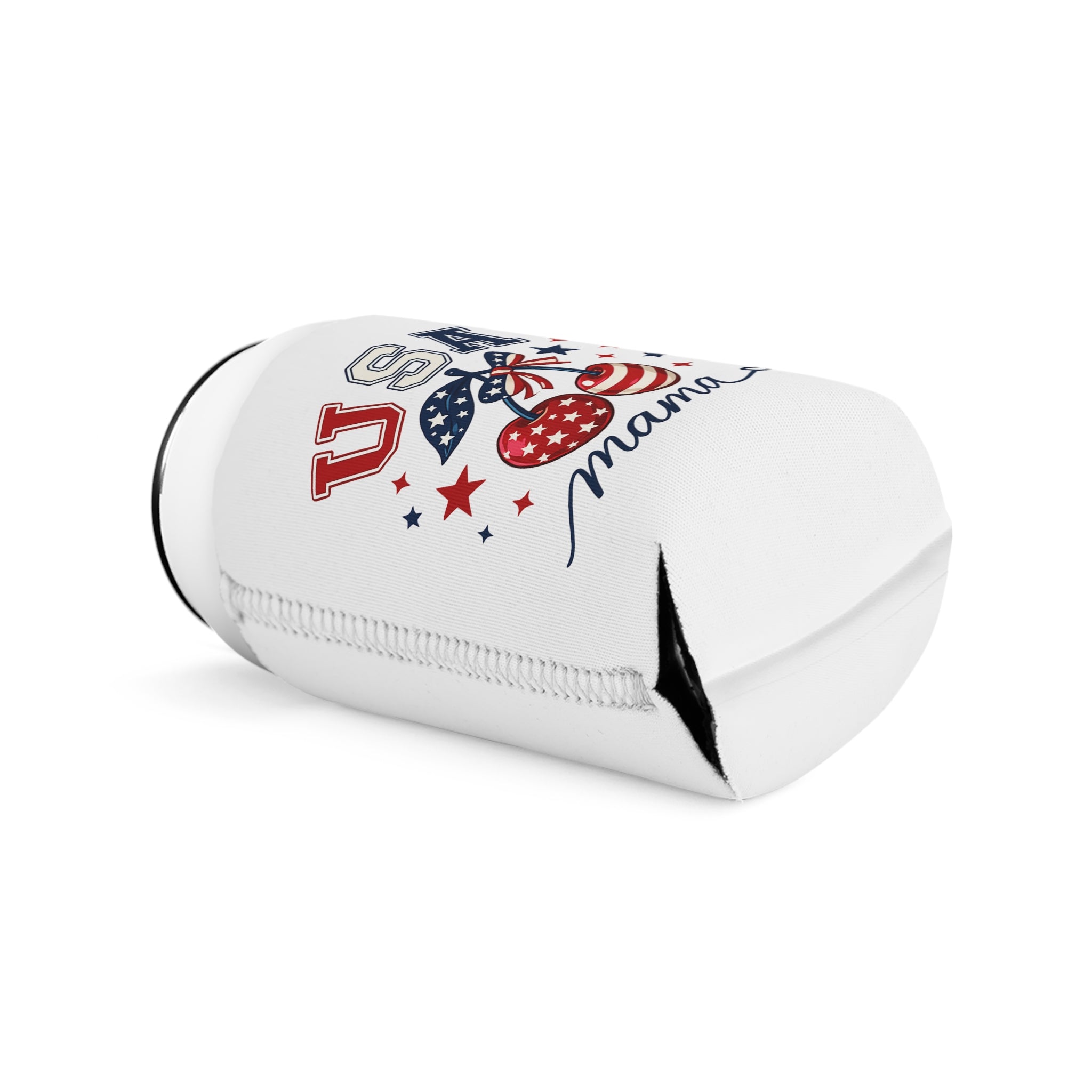USA Mama Can Cooler Sleeve – Patriotic Red White Blue Cherry Can Koozie for 4th of July