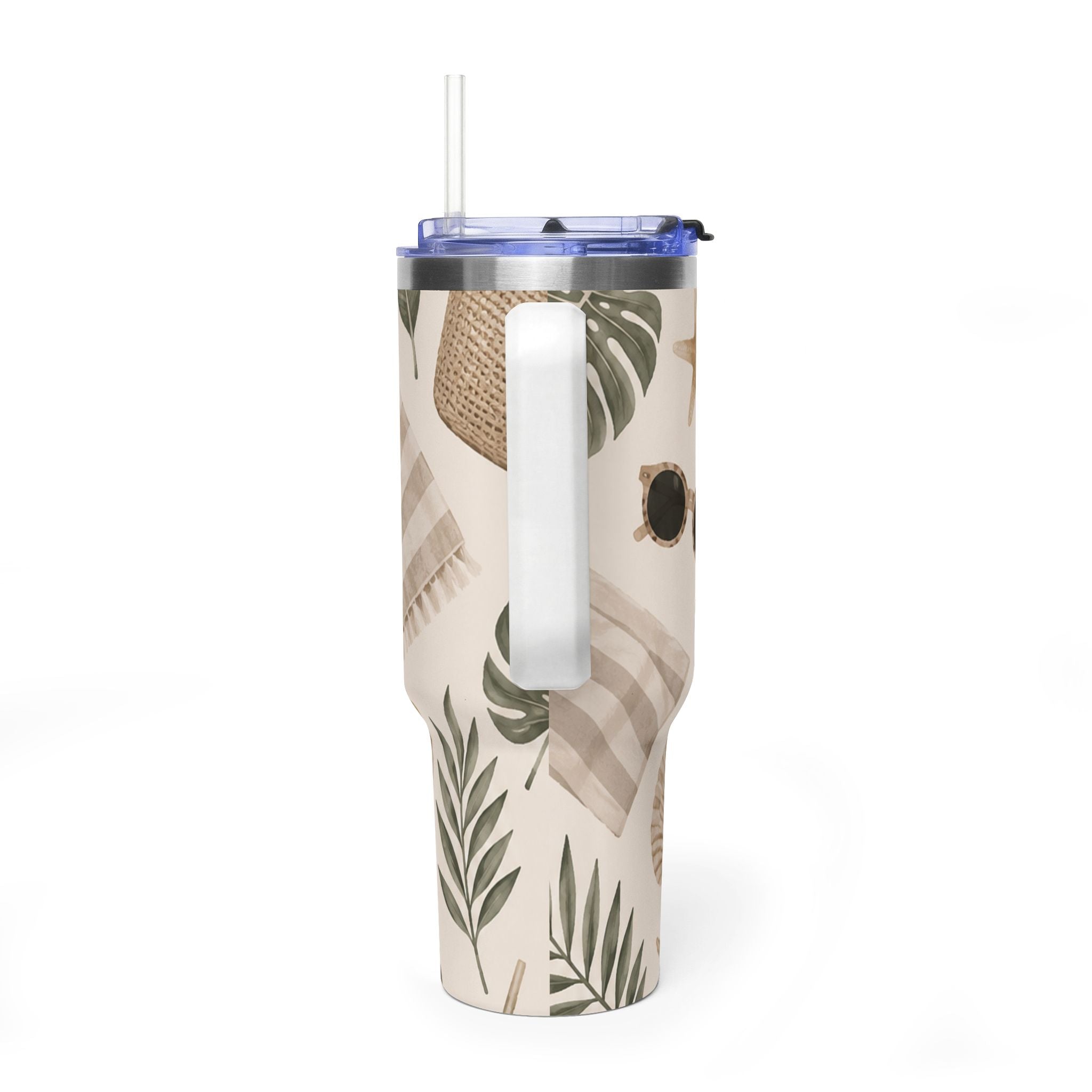 Beach Vibes 40oz Vacuum Tumbler — Coastal Sun, Shells & Mason Jar Design