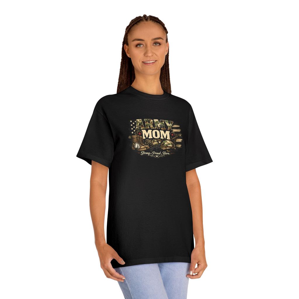 Army Mom T-Shirt — Camo Flag Design with "Army Mom" Text (Military Proud Gift)