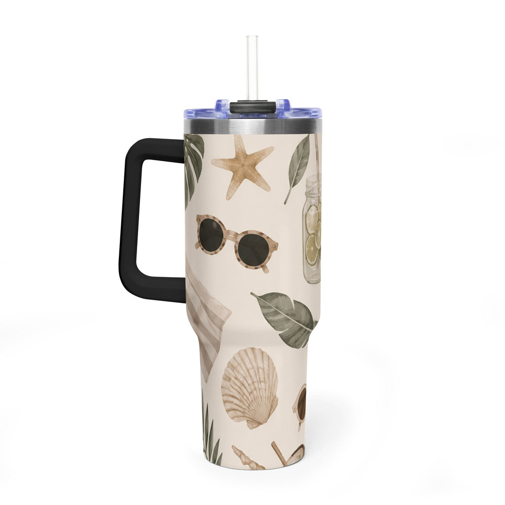 Beach Vibes 40oz Vacuum Tumbler — Coastal Sun, Shells & Mason Jar Design