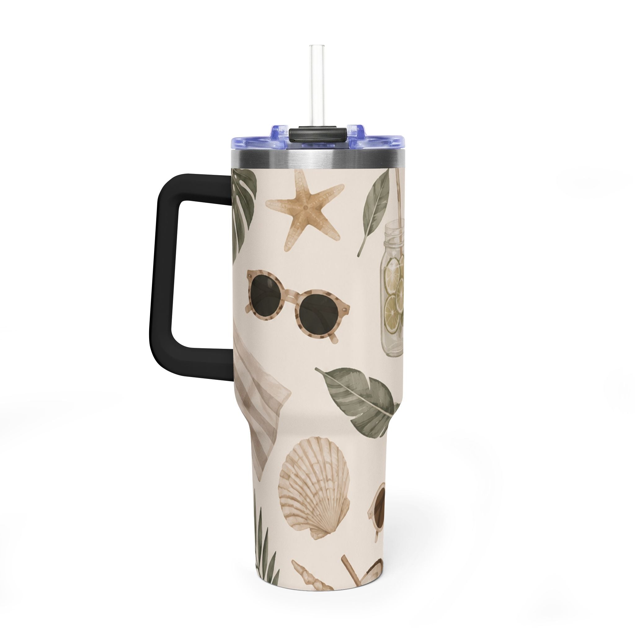 Beach Vibes 40oz Vacuum Tumbler — Coastal Sun, Shells & Mason Jar Design