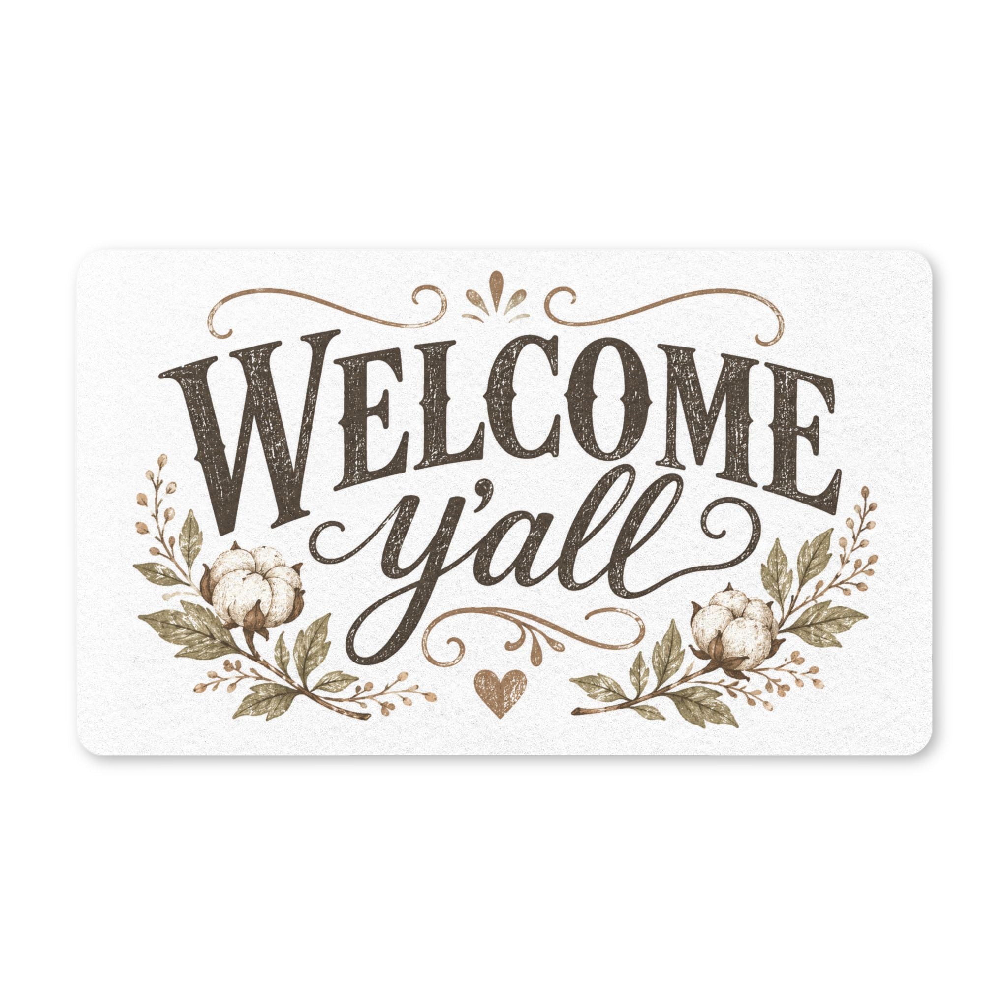 Welcome Y'all Doormat — Floral Rustic Cotton Farmhouse Entry Mat