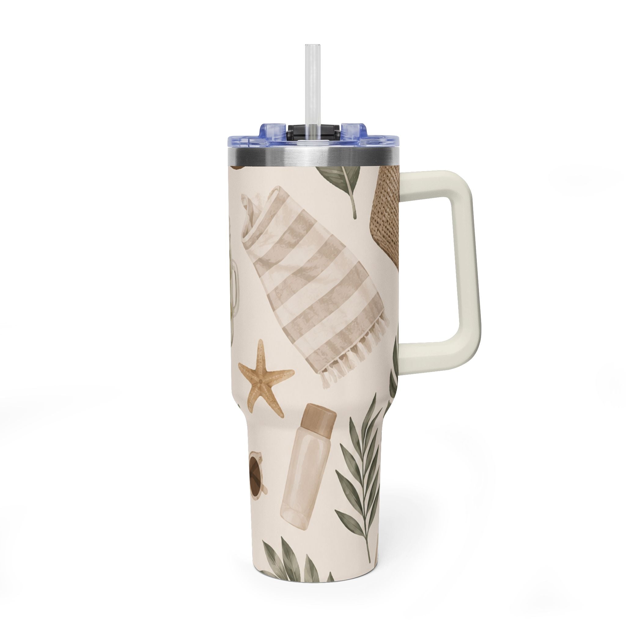 Beach Vibes 40oz Vacuum Tumbler — Coastal Sun, Shells & Mason Jar Design