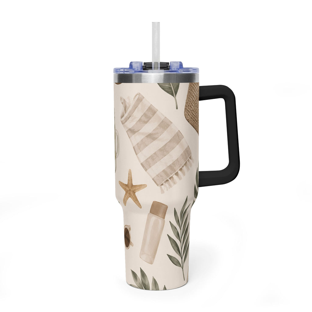 Beach Vibes 40oz Vacuum Tumbler — Coastal Sun, Shells & Mason Jar Design