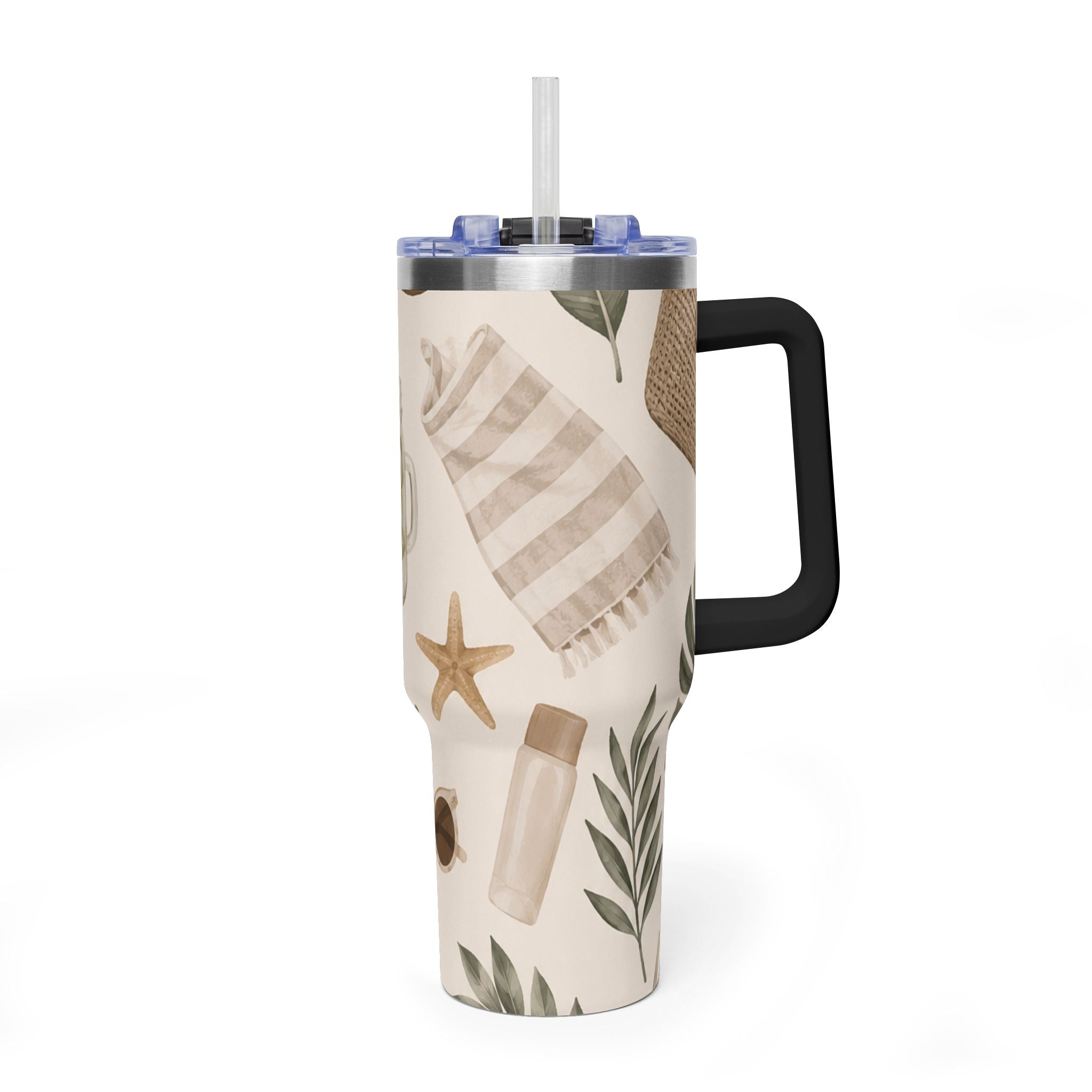 Beach Vibes 40oz Vacuum Tumbler — Coastal Sun, Shells & Mason Jar Design